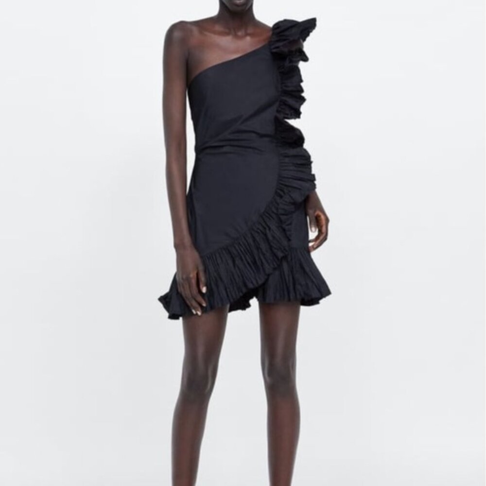 Zara Woman Black One-Shoulder Ruffle Mini Dress